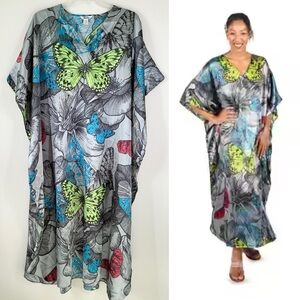 BUTTERFLY Print Satin Caftan V-Neck Gray Multi Loungewear Beach Cover-Up L